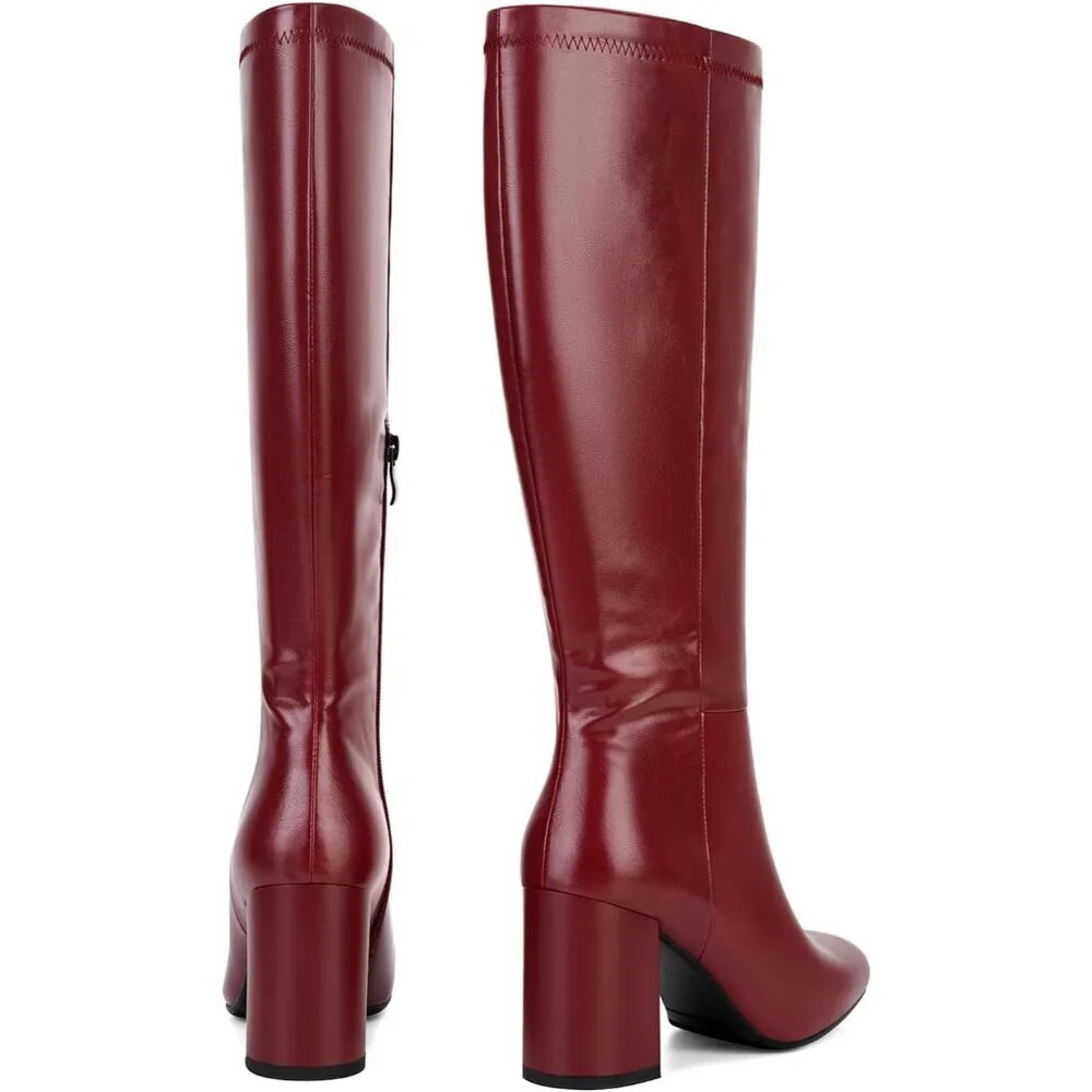 Women's Faux Leather Square Toe Chunky Heel Knee High Boots Side Zip Red
